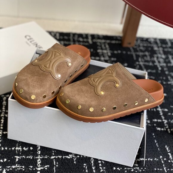 Brown Suede Studded Slip-On Clogs - Picture 1 of 8